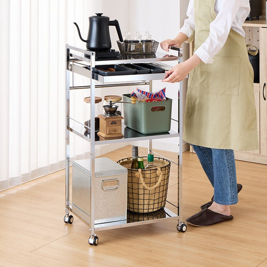 日本製 燕三条 ステンレス作業台ワゴン 幅50cm 引出付き ハンドル付き キッチンワゴン 作業台 調理台 スリム キャスター付き おしゃれ ステンレス天板 シルバー ステンレスワゴン キッチンラック(代引不可)