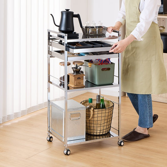 日本製 燕三条 ステンレス作業台ワゴン 幅50cm 2段 引出付き ハンドル付き キッチンワゴン 作業台 調理台 スリム キャスター付き おしゃれ ステンレス天板 シルバー ステンレスワゴン キッチンラック(代引不可)