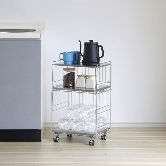 下村企販 日本製 燕三条 ステンレス棚のスタッキングワゴン 2段 キッチンワゴン ストッカー キッチンラック バスケット かご キャスター 頑丈 ステンレス スタッキングワゴン