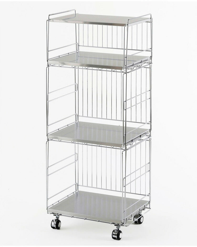 下村企販 日本製 燕三条 ステンレス棚のスタッキングワゴン 3段 キッチンワゴン ストッカー キッチンラック バスケット かご キャスター 頑丈 ステンレス スタッキングワゴン