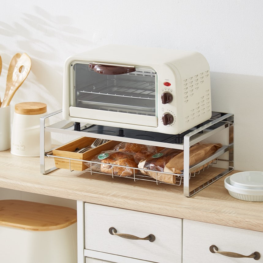 日本製 燕三条 スライド棚付き トースターラック 完成品 ロータイプ ステンレス棚 頑丈 収納ラック スライドレンジ上ラック キッチンラック キッチン収納 かご バスケット(代引不可)