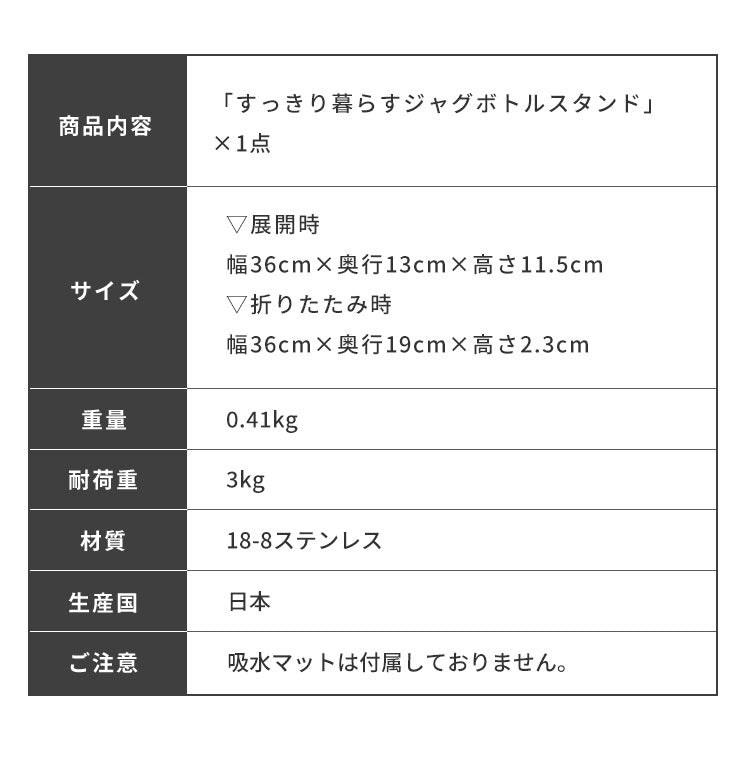 日本製 燕三条 すっきり暮らすジャグボトルスタンド 折りたたみ 水筒 水切り 吸水マットに合わせて使える 水切りかご ボトルスタンド コンパクト 食洗機対応 ステンレス