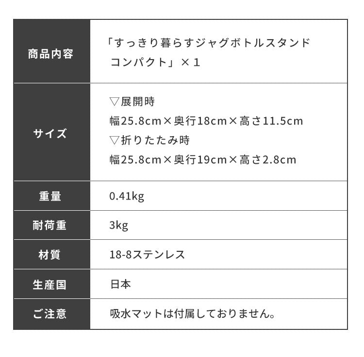 日本製 燕三条 すっきり暮らすジャグボトルスタンド スリム 折りたたみ 水筒 水切り 吸水マットに合わせて使える 水切りかご ボトルスタンド コンパクト 食洗機対応 ステンレス
