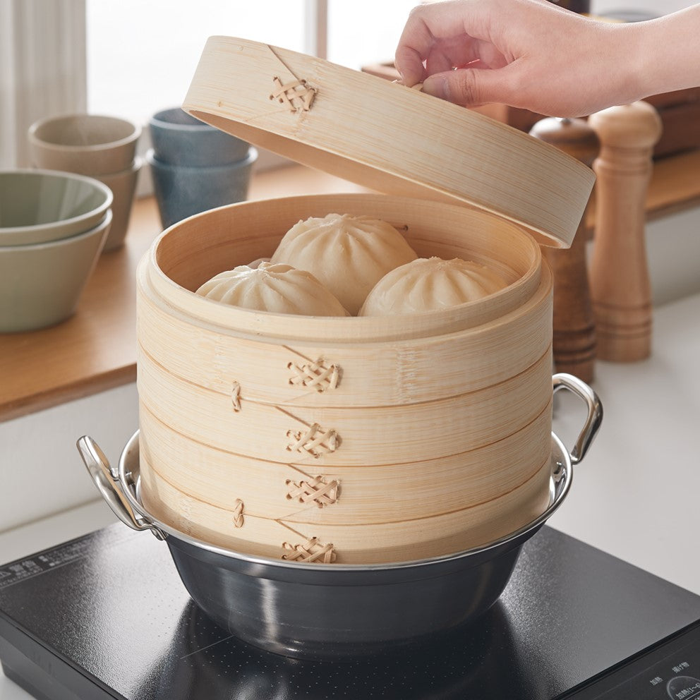 日本製 燕三条 ステンレス鍋 本竹せいろ2段 セット 21cm 簡単蒸し料理 ステンレス鍋 蒸し器 蒸し鍋 2段 竹 せいろ セイロ 蒸し セット 肉まん シュウマイ 蒸し野菜 中華 蒸篭