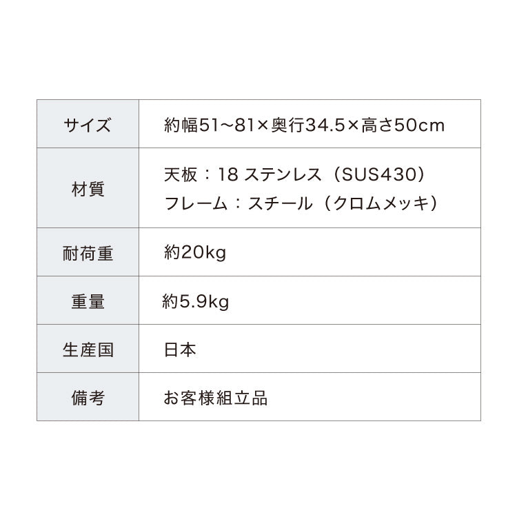 日本製 燕三条 頑丈ステンレス棚 伸縮 レンジ上ラック 幅51~81cm キッチンラック カウンター上 家電ラック 家電上ラック トースターラック(代引不可)
