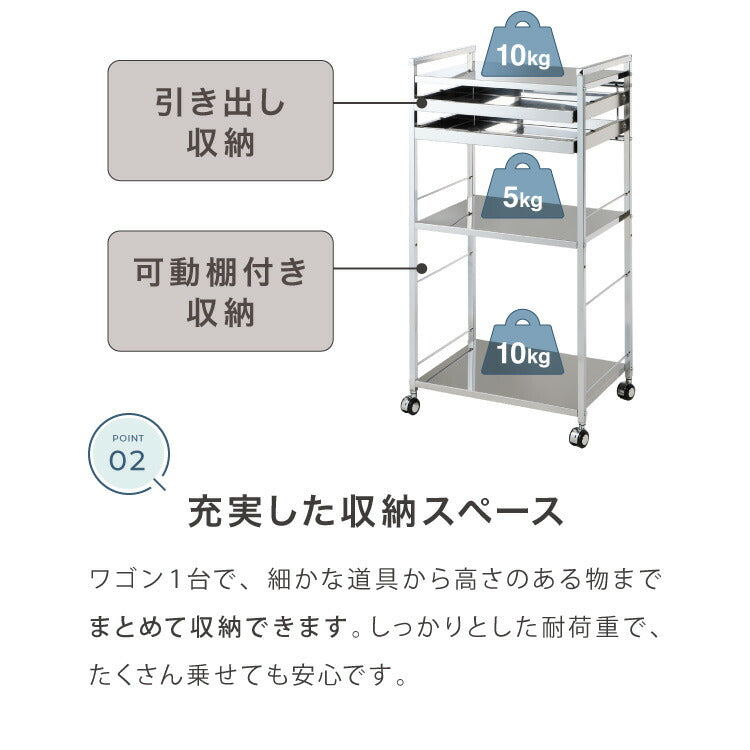日本製 燕三条 ステンレス作業台ワゴン 幅50cm 2段 引出付き ハンドル付き キッチンワゴン 作業台 調理台 スリム キャスター付き おしゃれ ステンレス天板 シルバー ステンレスワゴン キッチンラック(代引不可)