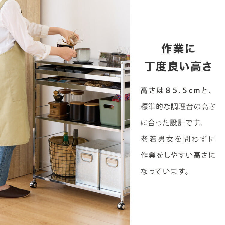 日本製 燕三条 ステンレス作業台ワゴン 幅73.5cm 2段 引出付き ハンドル付き キッチンワゴン 作業台 調理台 スリム キャスター付き おしゃれ ステンレス天板 シルバー ステンレスワゴン(代引不可)