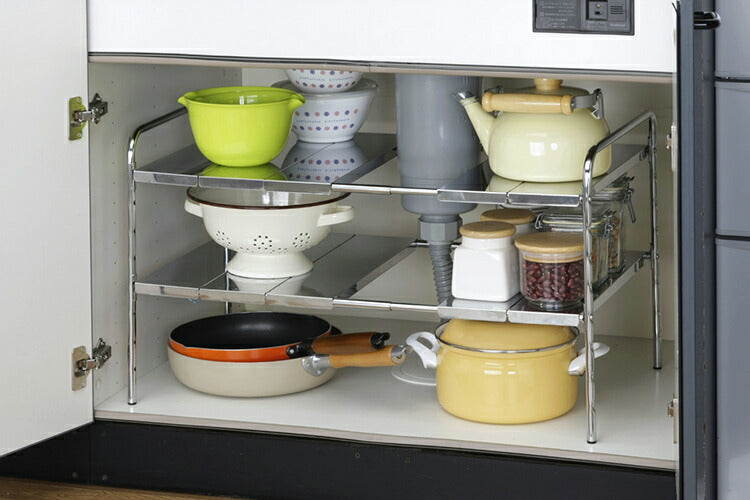 日本製 燕三条 シンク下ステンレス伸縮ラック 1段 外せる棚板 排水管をよけて設置 シンク下ラック シンク下収納 キッチン収納 収納ラック 省スペース ステンレス製(代引不可)