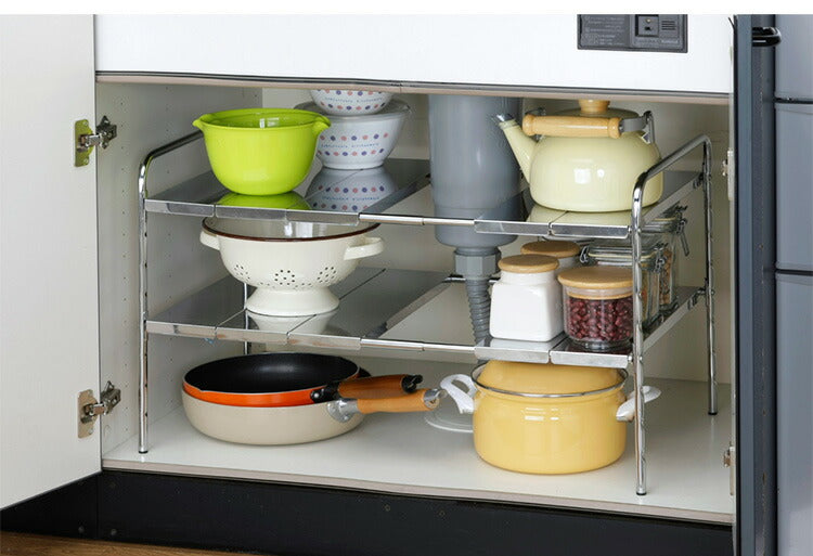 日本製 燕三条 シンク下ステンレス伸縮ラック 2段 外せる棚板 排水管をよけて設置 シンク下ラック シンク下収納 キッチン収納 収納ラック 省スペース ステンレス製(代引不可)