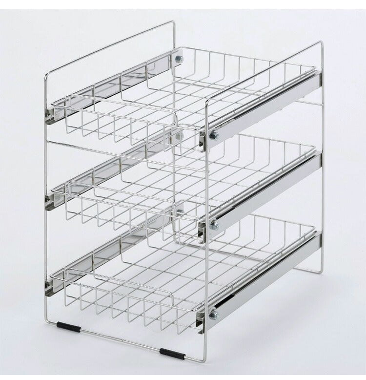 日本製 燕三条 ステンレス洗面台下ラック 3段 スライド棚 洗面台下収納 洗面所収納 洗面台ラック シンク下ラック シンク下収納 省スペース ステンレス製(代引不可)