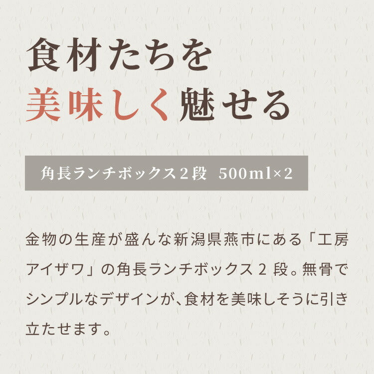 工房アイザワ ランチボックス 2段 500ml×2 1000ml 日本製 燕三条 弁当箱 角型 角長ランチボックス フードボックス フードコンテナ 弁当 ランチBOX ステンレス ゴム付き 仕切り付き パッキン付き