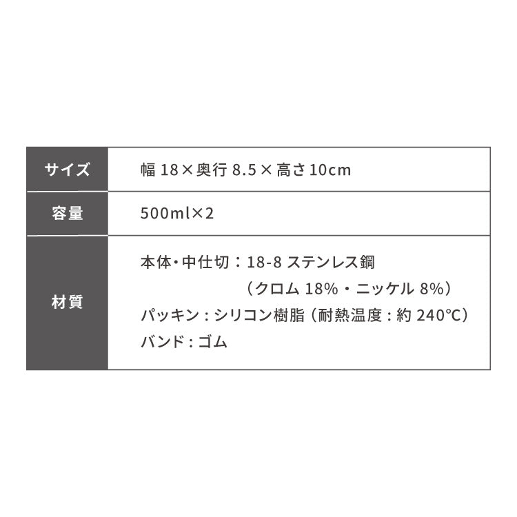 工房アイザワ ランチボックス 2段 500ml×2 1000ml 日本製 燕三条 弁当箱 角型 角長ランチボックス フードボックス フードコンテナ 弁当 ランチBOX ステンレス ゴム付き 仕切り付き パッキン付き