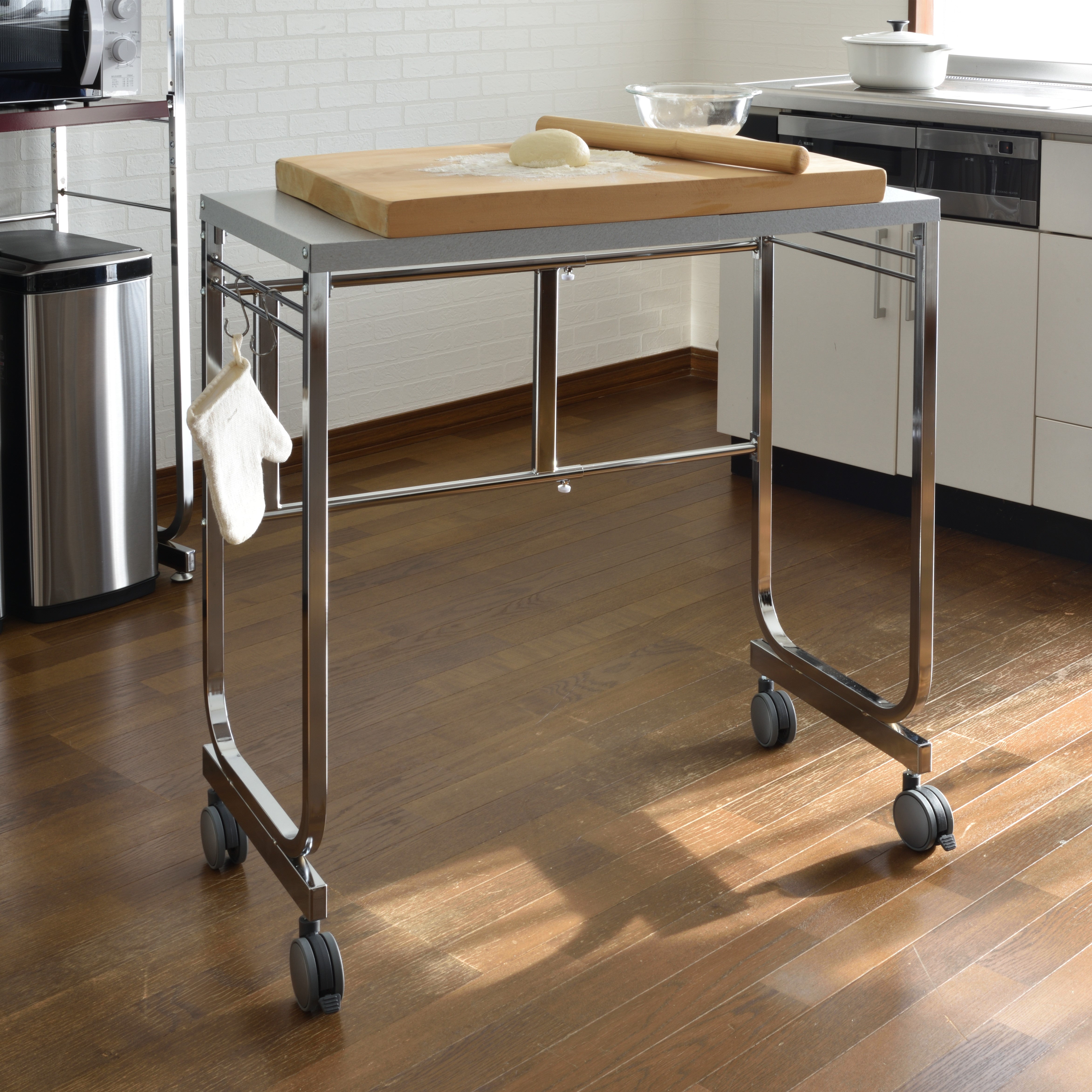 日本製 燕三条 伸縮キッチンサイドカウンター 作業台ワゴン 幅55~90cm