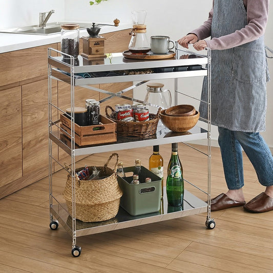 日本製 燕三条 ステンレス作業台ワゴン ダブルフレームデザイン 引出し付き ハンドル付き キッチンワゴン 作業台 調理台 スリム キャスター付き シルバー 韓国インテリア おしゃれ