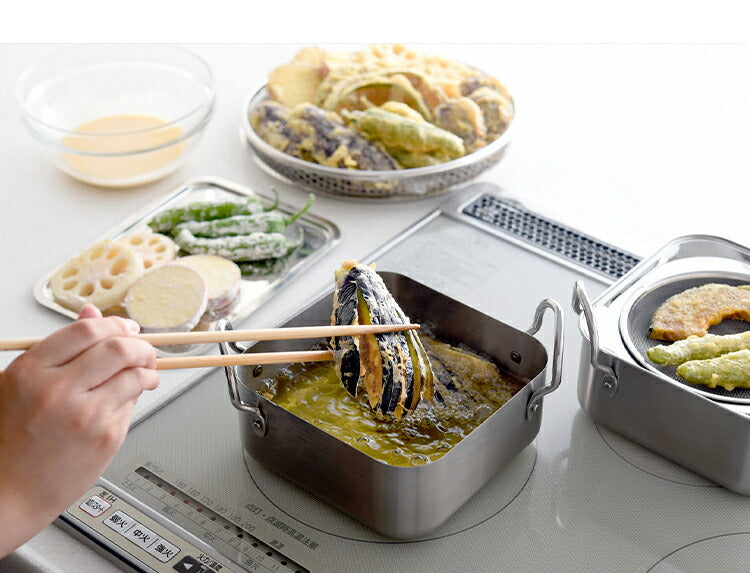 【揚げ鍋 兼 オイルポット】スクエア型 ステンレス天ぷら鍋 日本製 燕三条 16cm 食洗機対応 角型 天ぷら鍋 揚げ鍋 オイルポット兼用 ガス火 IH対応 2~4人分 四角 揚げ物 コンパクト