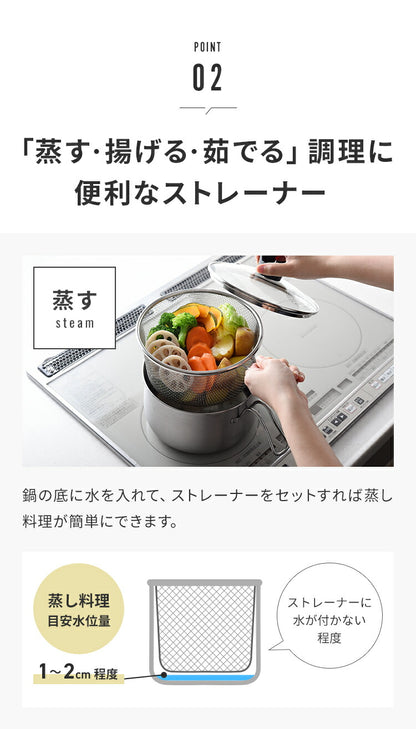 日本製 燕三条 ストレーナー付き ステンレスマルチポット 18cm 深型 ガラス蓋 ガス火 IH対応 2.9L 逸品物創 ステンレス製 鍋 ざる ザル コンパクト スリム 片手鍋 揚げ鍋 天ぷら鍋 78168