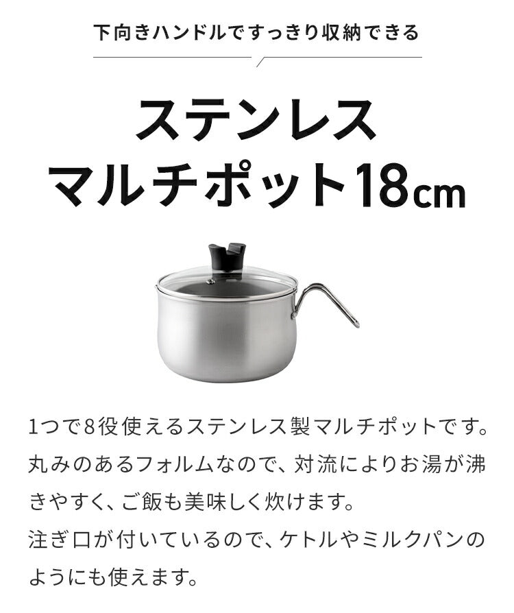 日本製 燕三条 ステンレスマルチポット 18cm 深型 ガラス蓋付き ガス火