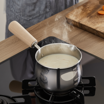 日本製 燕三条 ミルクパン ミルクポット 13cm 20年保証 1.1L IH対応 ステンレス 3層構造 目盛付き ガス火対応 片手鍋 小鍋 小さい 時短調理 取っ手 木柄 かわいい ギフト プレゼント 贈り物(代引不可)