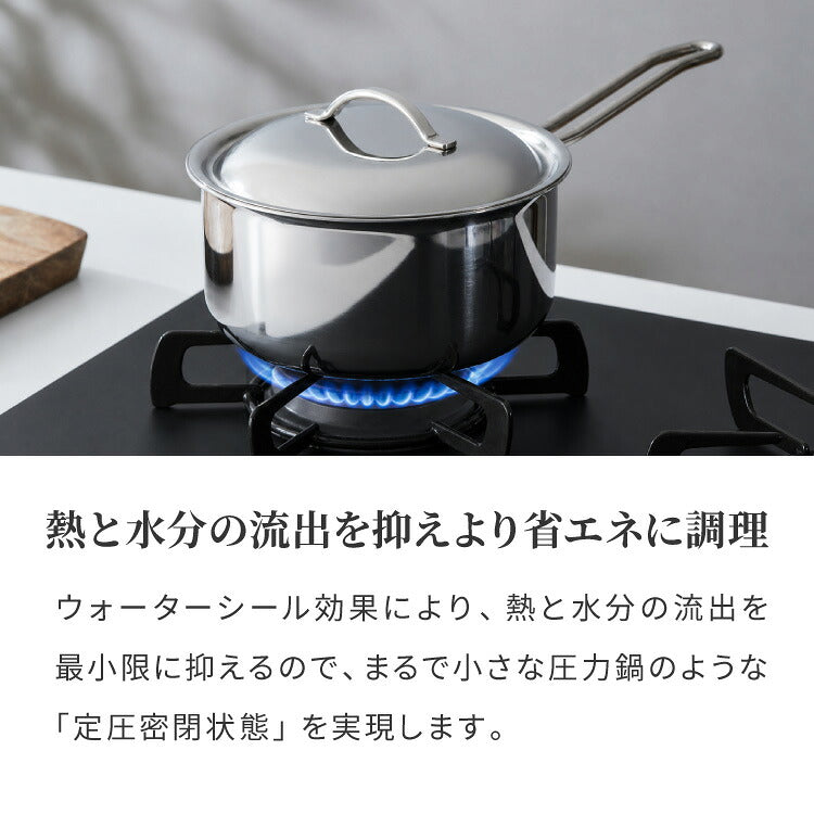 日本製 燕三条 ステンレス3層片手鍋 16cm IH対応 蓋付き 全面鏡面仕上げ ガス火OK アルミクラッド 三層鋼 鍋 フッ素不使用 SUS304 ステンレス製 フライパン シモリュウ プラジュール