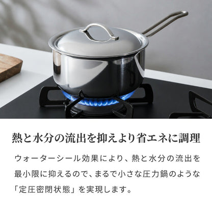 日本製 燕三条 ステンレス3層片手鍋 16cm IH対応 蓋付き 全面鏡面仕上げ ガス火OK アルミクラッド 三層鋼 鍋 フッ素不使用 SUS304 ステンレス製 フライパン シモリュウ プラジュール