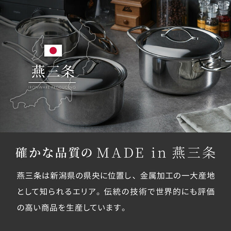 日本製 燕三条 ステンレス3層片手鍋 18cm IH対応 蓋付き 全面鏡面仕上げ ガス火OK アルミクラッド 三層鋼 鍋 フッ素不使用 SUS304 ステンレス製 フライパン シモリュウ プラジュール