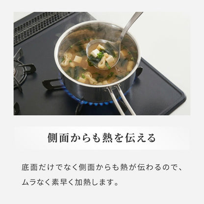 日本製 燕三条 ステンレス3層片手鍋 18cm IH対応 蓋付き 全面鏡面仕上げ ガス火OK アルミクラッド 三層鋼 鍋 フッ素不使用 SUS304 ステンレス製 フライパン シモリュウ プラジュール