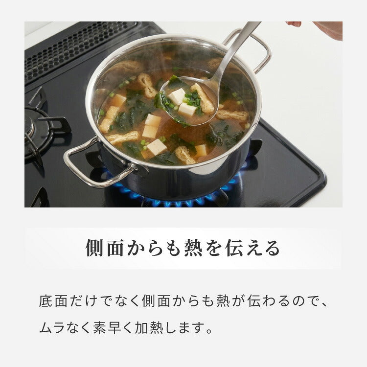 日本製 燕三条 ステンレス3層 両手鍋 20cm IH対応 蓋付き 全面鏡面仕上げ ガス火OK アルミクラッド 三層鋼 鍋 フッ素不使用 SUS304 ステンレス製 フライパン シモリュウ プラジュール