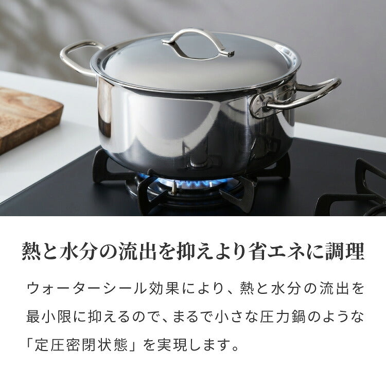 日本製 燕三条 ステンレス3層 両手鍋 22cm IH対応 蓋付き 全面鏡面仕上げ ガス火OK アルミクラッド 三層鋼 鍋 フッ素不使用 SUS304 ステンレス製 フライパン シモリュウ プラジュール
