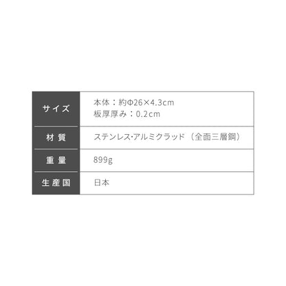 日本製 燕三条 ステンレス3層フライパン 26cm IH対応 ガス火OK アルミクラッド 三層鋼 フライパン フッ素不使用 SUS304 ステンレス製 フライパン シモリュウ プロシード ギフト