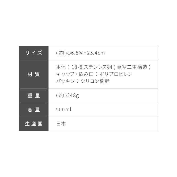 燕三条で作る真空マグボトル 500ml ステンレス 保冷 保温 真空断熱 二層構造 ストレート 日本製 燕三条 水筒 【Made in TSUBAME】スリム シンプル シルバー ボトル おしゃれ