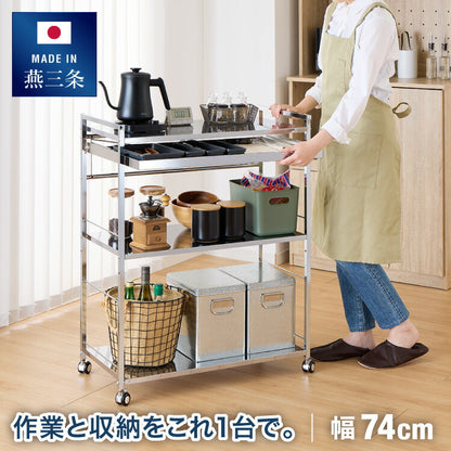 日本製 燕三条 ステンレス作業台ワゴン 幅73.5cm 引出付き ハンドル付き キッチンワゴン 作業台 調理台 スリム キャスター付き おしゃれ ステンレス天板 シルバー ステンレスワゴン キッチンラック(代引不可)