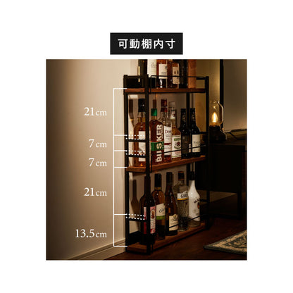 日本製 燕三条 アンティーク調 ウイスキーラック 3段 幅60cm 奥行13cm スリム オープンラック コレクションラック ディスプレイラック ディスプレイ シェルフ スチールラック ブラウン 木目 酒棚 棚(代引不可)