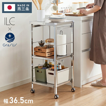 GraSUS×ILC 日本製 燕三条 ステンレス作業台ワゴン スリム 幅36.5cm キッチンワゴン 作業台 調理台 スリム キャスター付き シルバー ステンレス おしゃれ